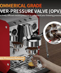 Heavy Duty Semi Automatic Espresso Maker With 15Bar Extraction Power And Quick Dial Milk Frother Steam Wand For Dope Shot Pulls And No Hassle Home Kitchen Setup showing commercial grade over-pressure valve feature.