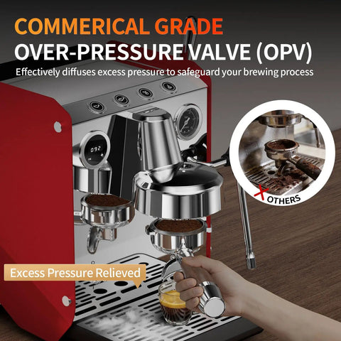 Heavy Duty Semi Automatic Espresso Maker With 15Bar Extraction Power And Quick Dial Milk Frother Steam Wand For Dope Shot Pulls And No Hassle Home Kitchen Setup showing commercial grade over-pressure valve feature.