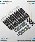 UL 6703 And TUV Certified Solar Panel Connectors Kit For 1500V 46A DC MC4 Compatible PV Cable Connectors For 10 12 14 AWG Wire With Dust Caps And Spanners, showing 10 pairs of connectors, dust caps, and spanners.