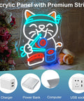 Lit Sushi Cat Neon Light Sign With White LED For Kitchen Or Home Bar Party Decor in acrylic panel with cat design glowing.