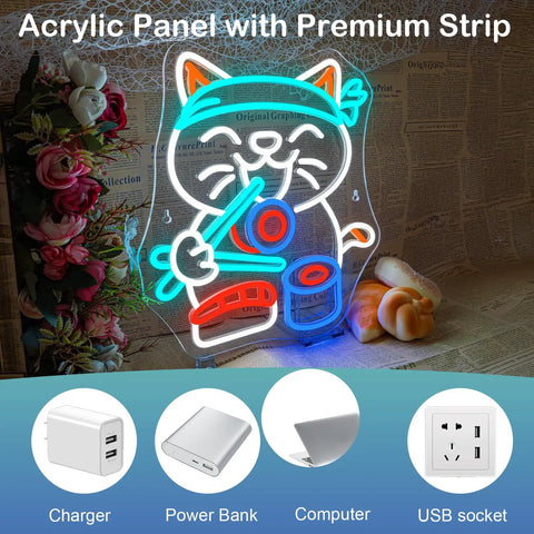 Lit Sushi Cat Neon Light Sign With White LED For Kitchen Or Home Bar Party Decor in acrylic panel with cat design glowing.