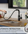 Top Shelf Compact Kitchen Faucet With Pull Down Sprayer And Rock Solid Stainless Steel Build Matte Black Finish Heavy Duty Design For Tiny Countertops showing 15.74 inch hose and swivel feature.