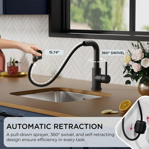 Top Shelf Compact Kitchen Faucet With Pull Down Sprayer And Rock Solid Stainless Steel Build Matte Black Finish Heavy Duty Design For Tiny Countertops showing 15.74 inch hose and swivel feature.