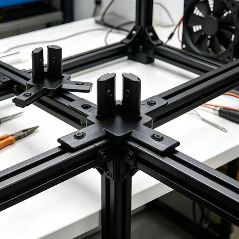 Awesome V Slot Aluminum Corner Brackets For 20 Series Extrusion Frames in black connecting metal frames on a workbench.