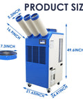 Heavy Duty Portable Air Conditioner That Kicks Butt On Roasting Days With Blistering 22178 Btu Cooling And Snappy 910 Cubic Meter Per Hour Airflow For Garage Workshops And Patios with size measurements and blue finish.