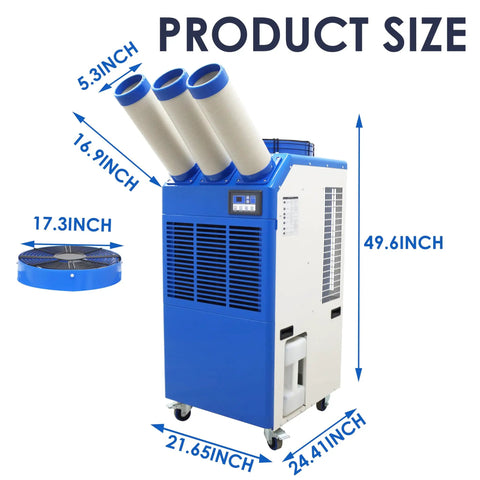 Heavy Duty Portable Air Conditioner That Kicks Butt On Roasting Days With Blistering 22178 Btu Cooling And Snappy 910 Cubic Meter Per Hour Airflow For Garage Workshops And Patios with size measurements and blue finish.