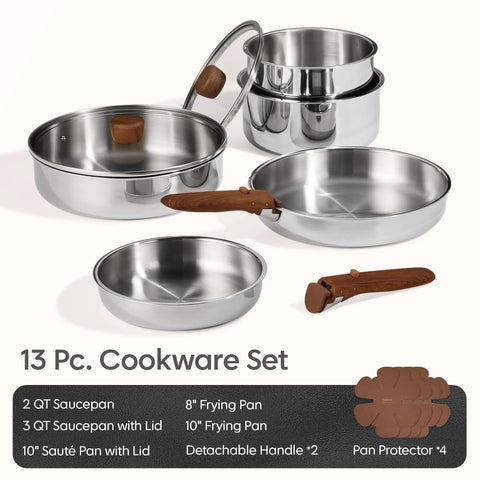 Tri Ply Stainless Steel Cookware Set With Detachable Handle 13 Pieces Induction Compatible And Oven Safe for Home RV And Camping.