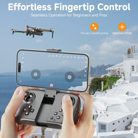 Drones With 4K Camera For Adults FPV Beginner Drone with One Key Takeoff and Landing. Controller and smartphone display with drone view.