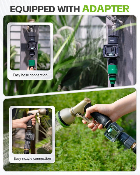 Ultra Accurate Water Flow Meter For RV Garden Hose Pool Lawn Sprinkler And Nozzle Sprayer, Measures Water Consumption And Flow Rate Up To 9999.9 Gallons Or Liters, With About Five Percent Accuracy And Easy Mode Options, with adapter for hose and nozzle connection
