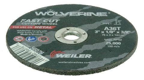 3 Inch Fast Cut Wheel For Steel And Metal Pro Grade Open Arbor Disc With Aggressive Cutting And Grinding Power Type One Eighth Inch Arbor A36T Strength Durable Metalworking Tool For Pros Pack Of 100 displayed flat with labeling