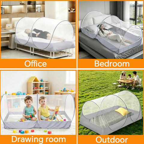 Foldable Mosquito Net Tent For Bed And Travel, Pop Up Portable Bug Net With Large Side Zipper in various settings