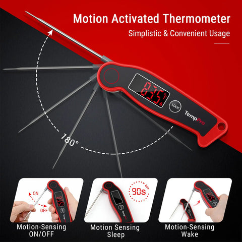 Motion Activated Waterproof Digital Meat Thermometer with Ambidextrous Backlit Display, shown at different angles.