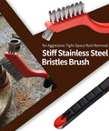 Heavy Duty Wire Brush Set With Stainless Steel And Nylon Bristles Includes Wood Handle Brushes And Metal Scrapers For Welding Slag Paint BBQ And Grill Cleaning Ten Piece All Purpose Scrubbing Kit close-up of stainless steel bristles brush on rusted metal