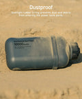 Nestout Rugged 15000mAh Power Bank For Outdoors Ready Camping Essential laid on sandy surface showcasing dustproof design