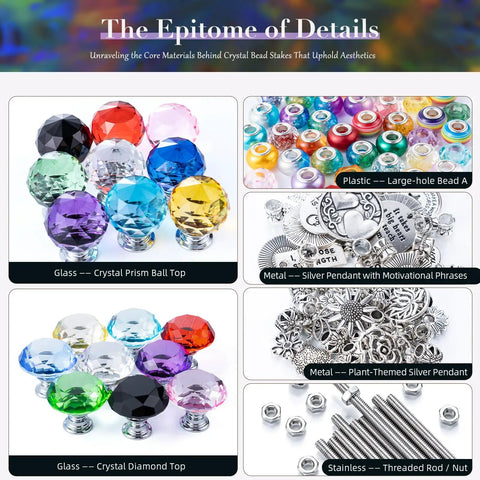 Colorful glass and metal components for 513 Piece DIY Beaded Garden Stakes And Fairy Wand Craft Kit With Sparkling Crystal Accents.