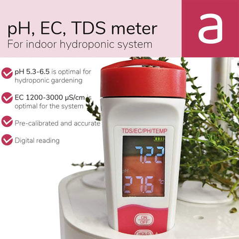 4 In 1 PH TDS EC Meter For Hydroponics And Indoor Gardens Digital Water Tester with red cap showing digital display and buttons