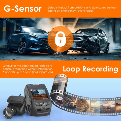 Dual 4K Front And 1080P Rear Dash Cam With GPS And WiFi featuring G sensor and loop recording details