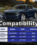Blue Dodge Charger parked on rocky landscape with compatibility table for Dodge Challenger, Charger, and Chrysler 300 models.