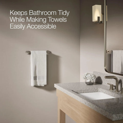 Elate 12 Inch Towel Bar In Vibrant Brushed Nickel Finish For Modern Bathrooms, premium metal construction, installed view