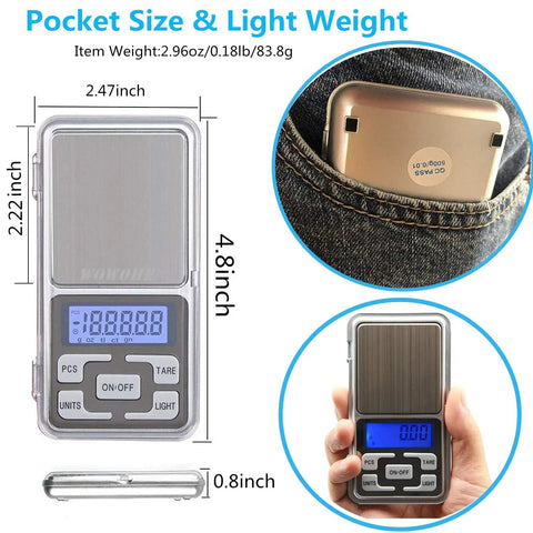 High Precision 500g Food Travel Scale Portable Pocket Scale With LCD Display showing dimensions and lightweight size