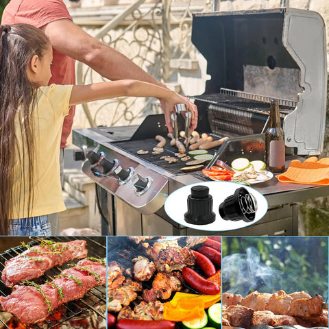 Two Pack AA Battery Push Button Igniter Caps with spring for BBQ grill, displayed near active gas grill with food