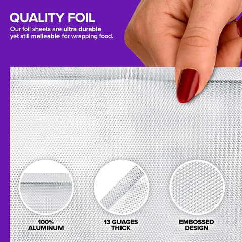 Close-up of Heavy Duty Aluminum Foil Sheets For Deli Use 100 Count Pop Up 9 By 10 Inch Wrapping Sheets showing thickness and embossed design