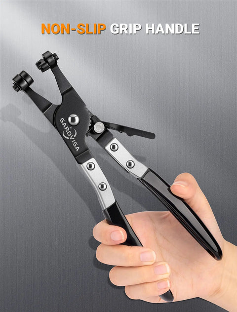 Hand using Heavy Duty Hose Clamp Pliers With Locking Gear And Black Non Slip Handle For Easy Removal And Installation