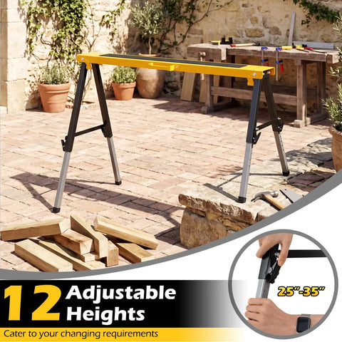 Badass 2 Pack Folding Sawhorse 660 Lb Heavy Duty Metal Work Stands With 12 Height Adjustments And Sturdy Carry Handles For Contractors And Job Sites Portable set up outdoors, showing adjustable height feature.