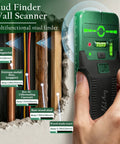 6 In 1 Stud Finder Wall Scanner With Cross Line Laser Detect Wood Studs And Live AC Wires Dual Bubble Levels Built In Ruler, green handheld