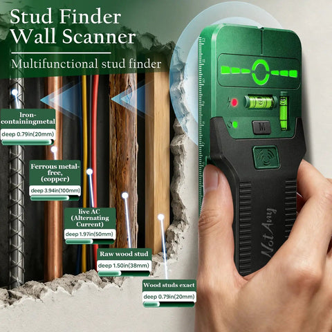 6 In 1 Stud Finder Wall Scanner With Cross Line Laser Detect Wood Studs And Live AC Wires Dual Bubble Levels Built In Ruler, green handheld