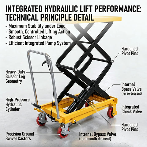 Beast Mode 350 Lb Hydraulic Lift Table Cart With Double Scissor Lift showing features like pivot pins and hydraulic cylinder.