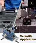 Heavy Duty Cross Slide Drill Press Vise With Two Way XY Compound Travel Four Inch Cast Iron Jaws in use for machining.