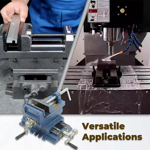 Heavy Duty Cross Slide Drill Press Vise With Two Way XY Compound Travel Four Inch Cast Iron Jaws in use for machining.