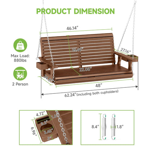 Diagram showing dimensions of Two Seater Front Porch Swing With Cupholders Wooden Outdoor Swing Bench and its 22" deep seat.