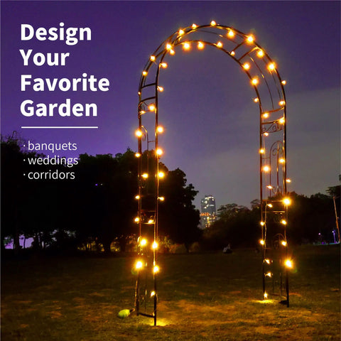 Heavy Duty Rustproof Iron Garden Arbor Wedding Arch with lights, 95.3 Inch High, outside at night, ideal for weddings