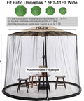 Universal Canopy Mosquito Net With Zipper Door And Adjustable Rope For Outdoor Umbrellas And Patio Tables Fits Seven Point Five To Eleven Feet Round Or Eight Foot Square Canopies Black, shown installed on a patio umbrella.