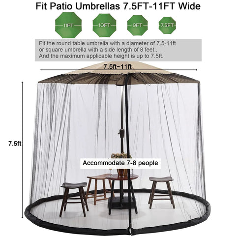 Universal Canopy Mosquito Net With Zipper Door And Adjustable Rope For Outdoor Umbrellas And Patio Tables Fits Seven Point Five To Eleven Feet Round Or Eight Foot Square Canopies Black, shown installed on a patio umbrella.
