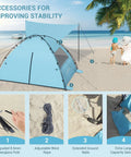 CumbreX Beach Tent Sun Shelter With Built In Canopy Pop Up 4 To 5 Person Beach Cabana Easy Setup UPF 50 Plus Sky Blue on beach with accessories