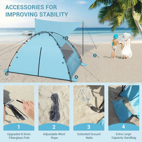 CumbreX Beach Tent Sun Shelter With Built In Canopy Pop Up 4 To 5 Person Beach Cabana Easy Setup UPF 50 Plus Sky Blue on beach with accessories