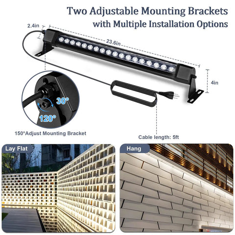 36W LED Wall Washer Light Bars, 2ft 5000K Daylight Outdoor Wall Washer Lights, 120V Waterproof IP67, adjustable mounting options