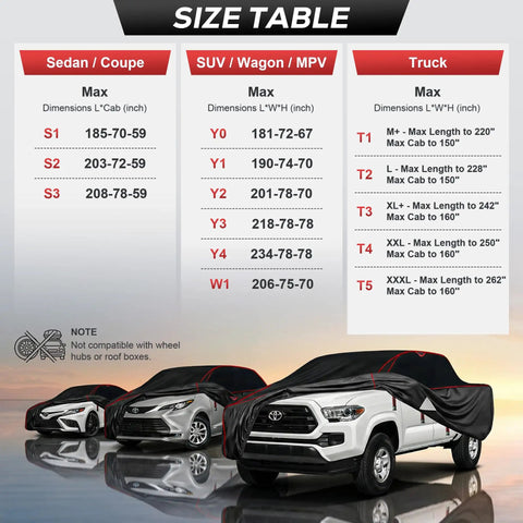 Size table for All Weather Hail Protector Car Cover for SUVs 182 to 190 Inches Waterproof with Thick Multi Layer EVA Padding.