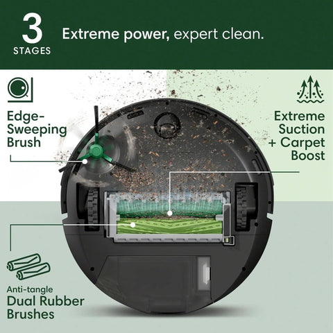 Underside view of Max 705 Robot Vacuum with auto empty dock, showing dual rubber anti-tangle brushes and edge-sweeping brush.