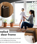 Woman and child near window with Weather Stripping Door Seal Kit for Exterior Doors and Windows installed, inset showing detail of foam kerf gap blocker.