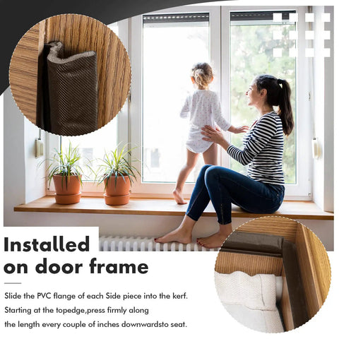 Woman and child near window with Weather Stripping Door Seal Kit for Exterior Doors and Windows installed, inset showing detail of foam kerf gap blocker.