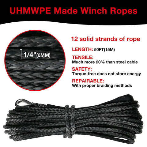 Close-up of UHMWPE black synthetic winch rope, 50 ft length, quarter-inch diameter, illustrating solid strands and coiled design.