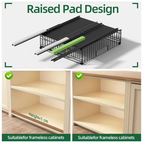 Kick Pantry Chaos To The Curb With This 2 Pack Expandable Pull Out Cabinet Organizer showing raised pad design suitable for frameless cabinets.
