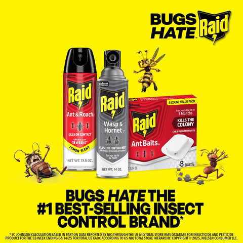 Pro Grade Indoor Ant Colony Buster Bait Stations For Households That Straight Up Wipe Out Worker Ants And Queen Dependable Gel Formula Lasts Up To Three Months Child Resistant Twist Lock Eight Count Kit displayed with other Raid products.