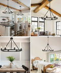Solid Black Farmhouse Chandelier Fire Wagon Wheel Pendant Light Top Shelf Six Light Ceiling Fixture Top Tier Rustic Hanging Lamp in kitchen and dining settings.