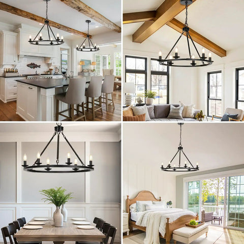 Solid Black Farmhouse Chandelier Fire Wagon Wheel Pendant Light Top Shelf Six Light Ceiling Fixture Top Tier Rustic Hanging Lamp in kitchen and dining settings.