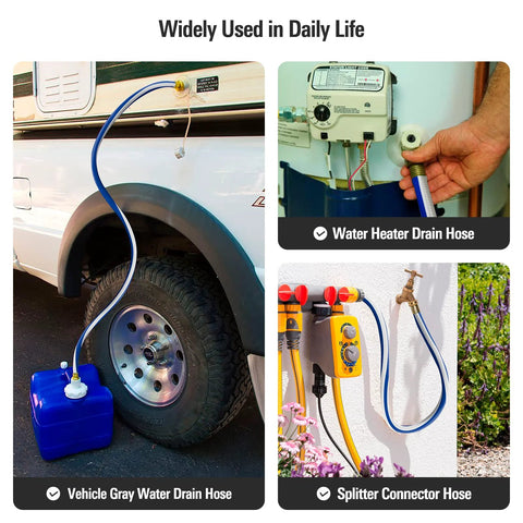 Garden hose, blue, 3/4 in, 3 ft, Amazon brand; kink-free, female-to-female fittings, shown connected to vehicle.